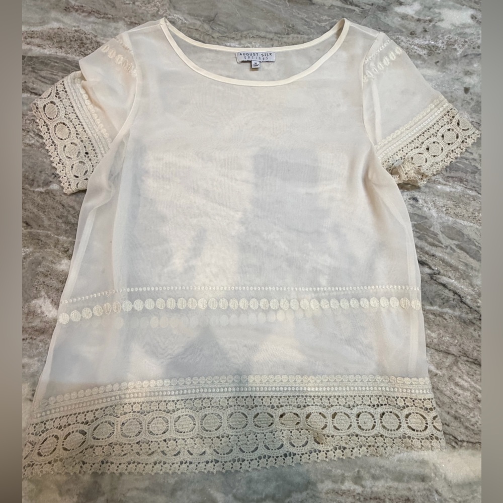 August Silk Options Ivory Sheer Lace Trim Top Size M Short Sleeve Blouse